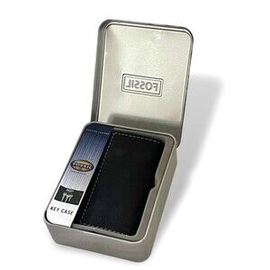 Fossil Black Genuine Leather Key Case Wallet Secure Tri-fold Snap Closure New